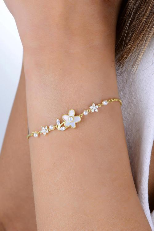Gümüş altın yaldızlı sedef ve zirkon taşlı inci çiçeği bileklik [barcode]