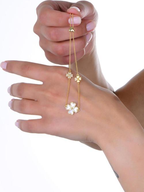 Gümüş altın yaldızlı sedef ve zirkon taşlı kalp detaylı asansörlü yonca bileklik [barcode]