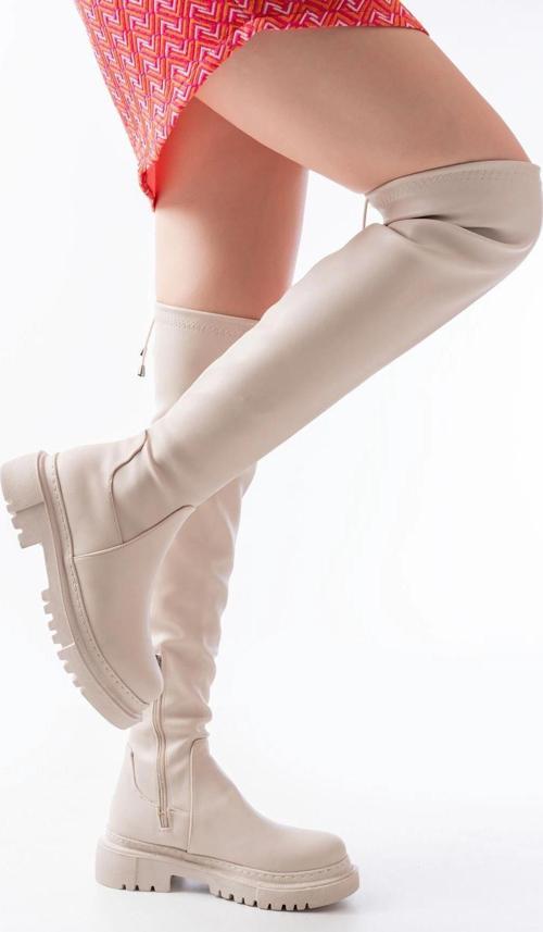 812-2194 Bej Fermuarlı Diz Üstü Bağcıklı Çorap Günlük Kadın Çizme