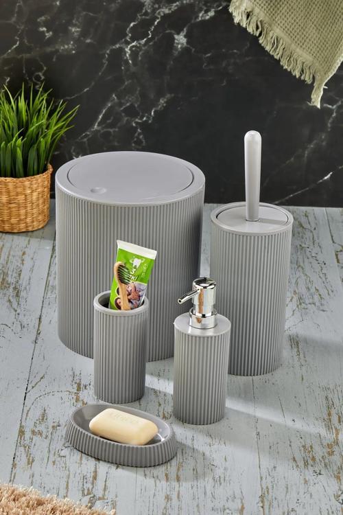 5 Parça Lüx Banyo Seti Yuvarlak Click Çöp Kovası Diş Fırçalık Sıvı-Katı Sabunluk Tuvalet Fırça