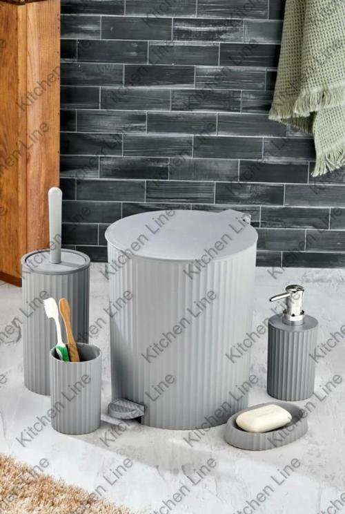 Pedallı,Çizgili Yuvarlak Model 5 Parça Banyo Seti Gri