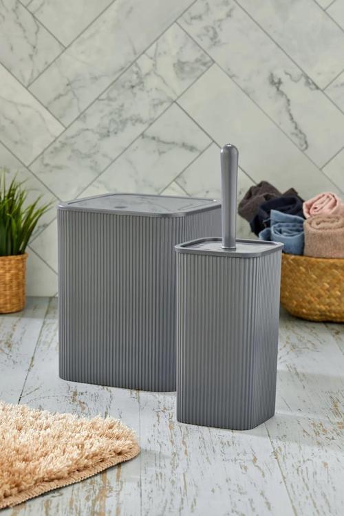 Kare Çöp Kovası Tuvalet Fırçası Set 2Li Koyu Gri 5Litre