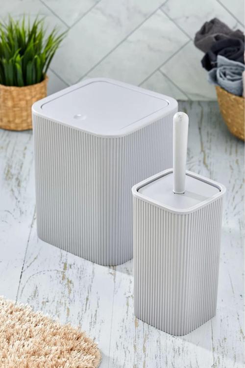 Kare Çöp Kovası Tuvalet Fırçası Set 2'Li 5 Litre Gri