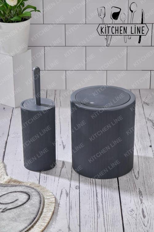 Yuvarlak Çöp Kovası & Yuvarlak Tuvalet Fırçası Seti Ikili Banyo Seti Koyu Gri