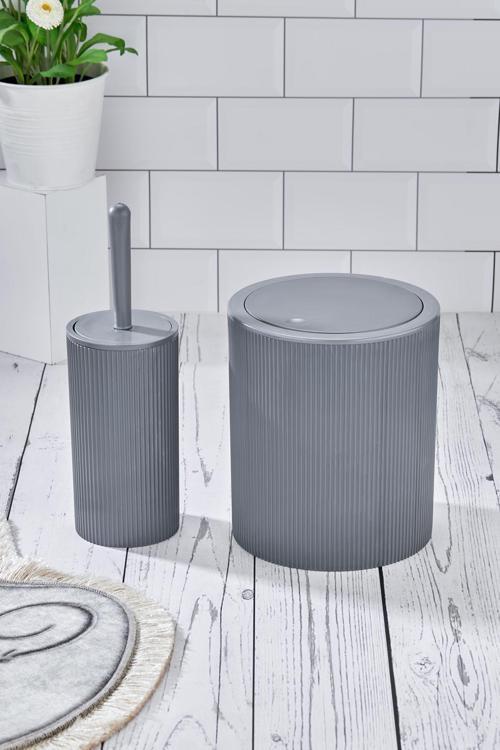 Yuvarlak Çöp Kovası & Yuvarlak Tuvalet Fırçası Seti Ikili Banyo Seti Açık Gri