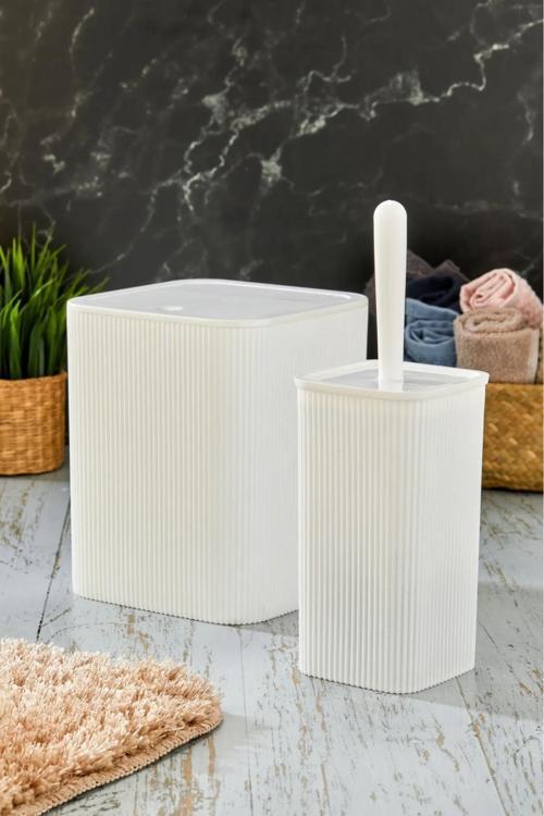 Kare Çöp Kovası Tuvalet Fırçası Set 2'Li 5 Litre Beyaz