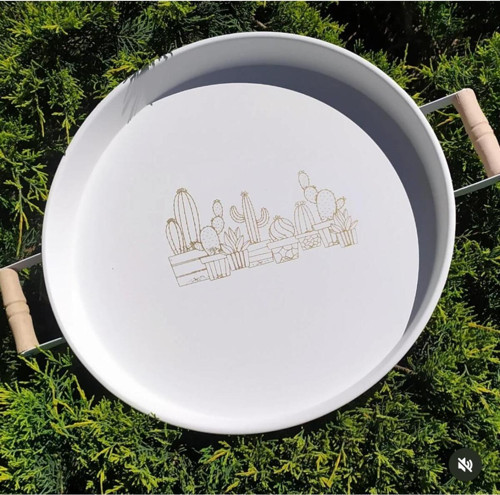 36 Cm Kaktüs Baskılı Ahşap Kuluplu Metal Tepsi