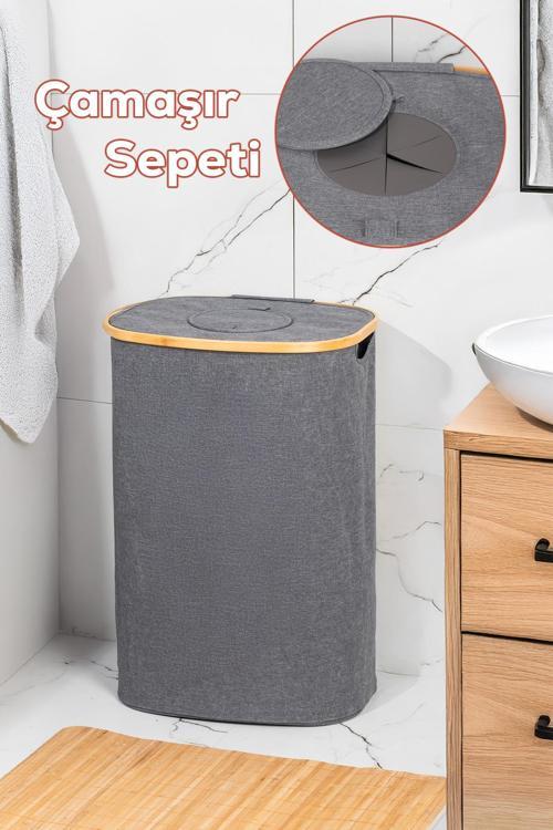 Mio-101 Bambu Banyo Kirli Çamaşır Sepeti Banyo Düzenleyici Sepet 44X66 cm