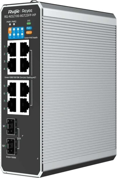 Ruijie Reyee RG-NIS2100-8GT2SFP-HP 8 Port Gigabit PoE + 2 Port SFP Endüstriyel Yönetilebilir Switch