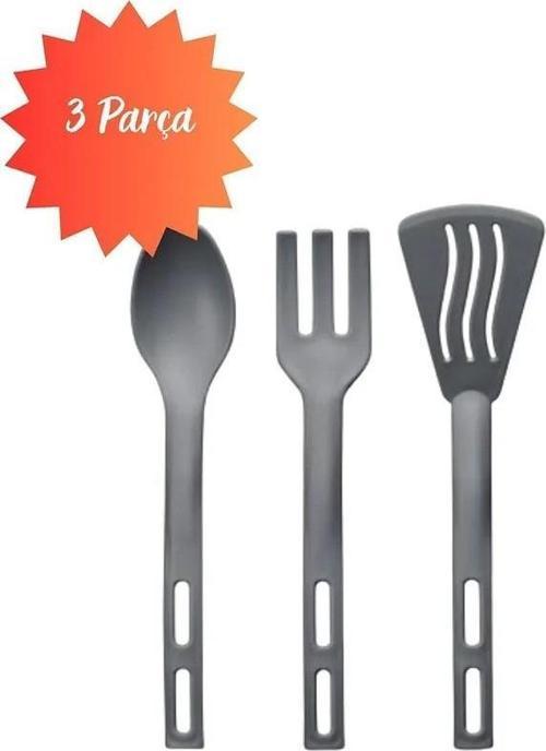 3lü Mini Plastik Spatula Kaşık Çatal Servis Seti Takımı Gri