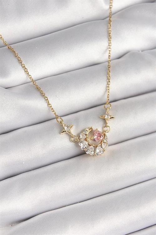 316L Çelik Gold Renk Zirkon Taşlı Hilal Pembe Kalp Model Kadın Kolye
