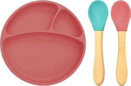 Beslenme Seti Silikon Tabak + Bambu Saplı Kaşık 2'Li Bordo