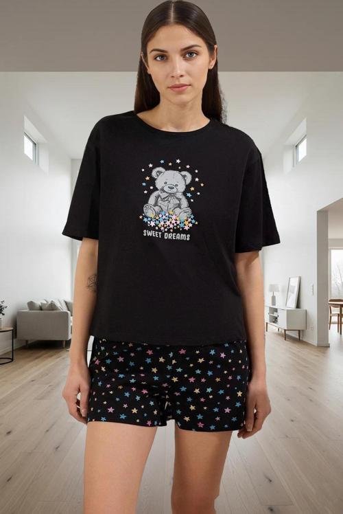 Ayıcıklı Yıldızlı Pijama Takımı %100 Pamuk Rahat Yazlık Özel Tasarım Zarifane