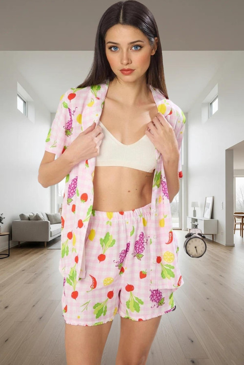 Şık Sebze Desenli Viskoz Pijama Takımı Rahat ve Nefes Alabilir Modern Stil Günlük Kullanım İçin