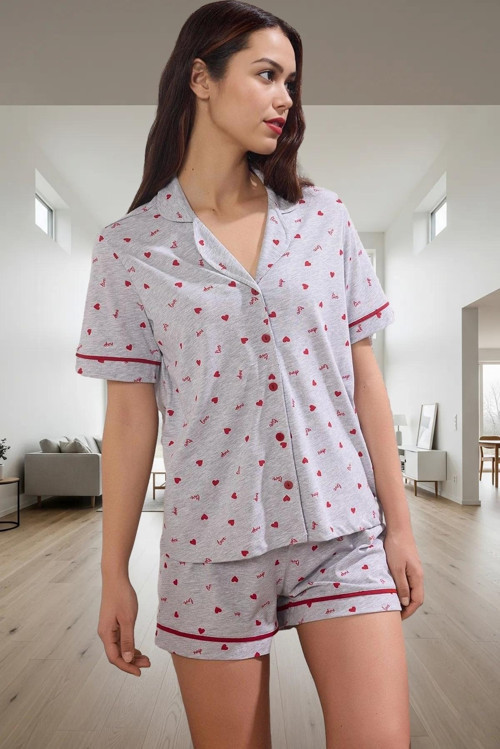 Pamuklu Pijama Takımı Kalpli Desen Kısa Kol Boru Paça Şort Rahat Ve Şık Mükemmel Uyum