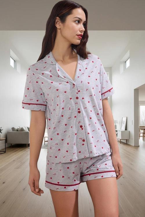 Pamuklu Pijama Takımı Kalpli Desen Kısa Kol Boru Paça Şort Rahat Ve Şık Mükemmel Uyum