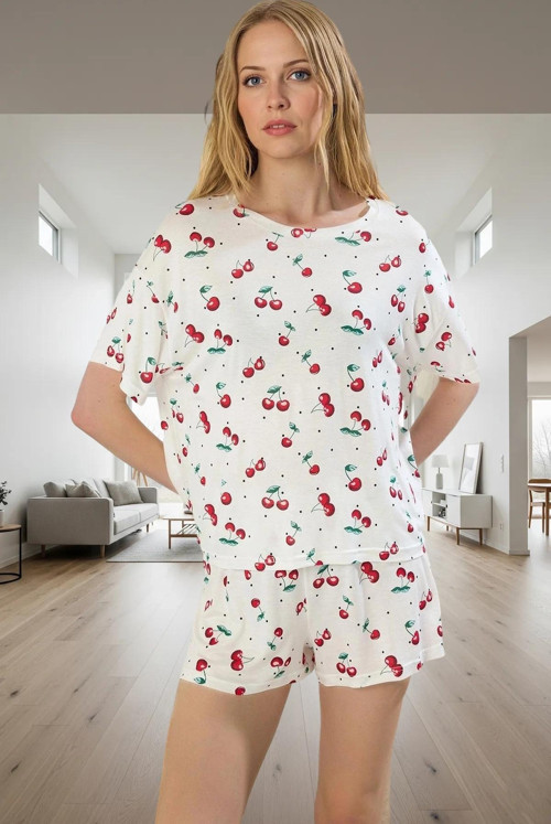 Viskon Süprem Örme Pijama Takımı; Kiraz Desenli Rahat Kalıp Uzun Ömürlü Mükemmel Uyum