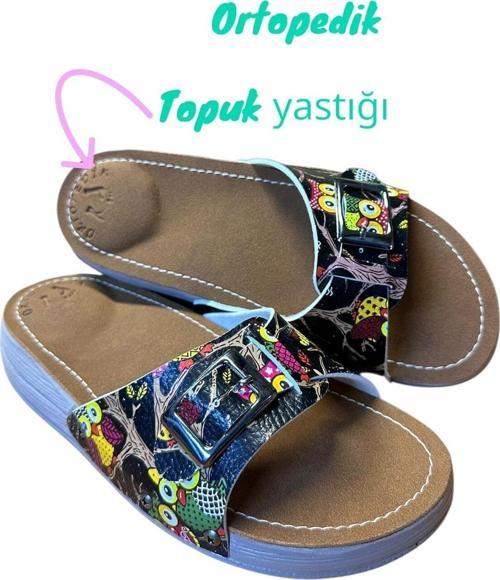 Topuk Dikeni Terliği Ev Terliği Sokak Terliği Baykuş Siyah Desen Gri Taban