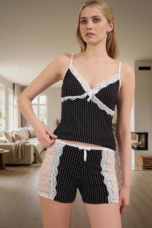 Kadın Puantiyeli Dantelli Pamuklu Pijama Takımı Yazlık Rahat Ev Giyim Konforlu Kesim