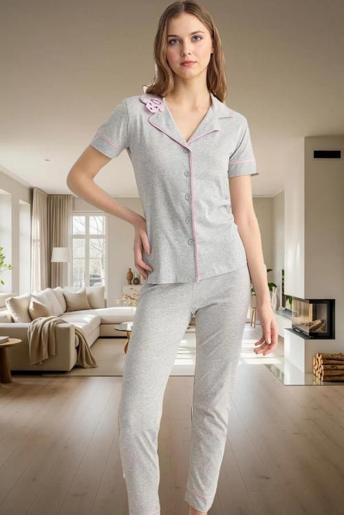 Kadın Pamuklu Kuzu Baskılı Regular Kalıp Kısa Kollu Pijama Takımı Profesyonel Görünüm