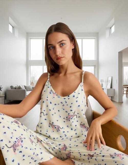 Kadın Hayvan Desenli İnce Askılı Viskoz Pijama Takımı Rahat ve Şık Tasarım Özel