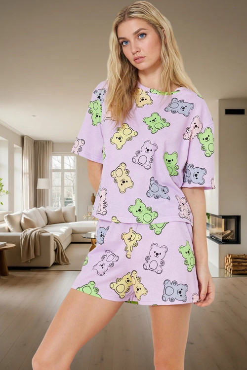 Kadın Ayıcıklı Pamuklu Pijama Takımı Renk Rahat Kalıp Yazlık Trend Tasarım Profesyonel Görünüm