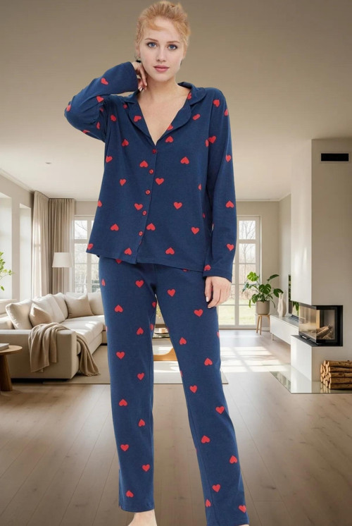 Kadın Kalpli Pijama Takımı %100 Pamuk Kışlık Rahat Uyku Seti Zarif Tasarım Ve Şık