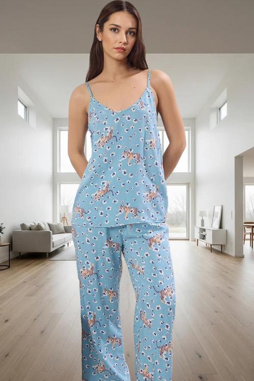 Kadın Hayvan Desenli İnce Askılı Viskoz Pijama Takımı Rahat ve Şık Tasarım Özel