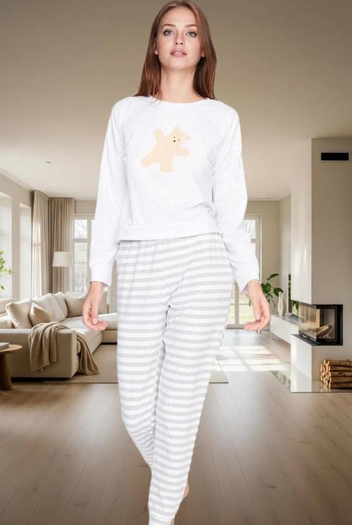 Kadın Çizgili Pamuklu Pijama Takımı Ayıcıklı Desen Rahat Kalıp Şık Görünüm Seçkin Malzeme