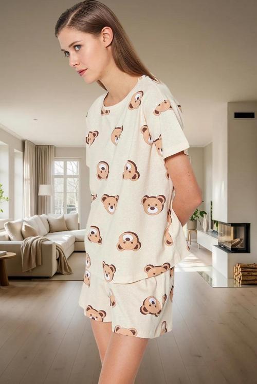 Kadın Ayıcıklı Pamuklu Kısa Kollu Pijama Takımı Dayanıklı Malzeme Trend Tasarım