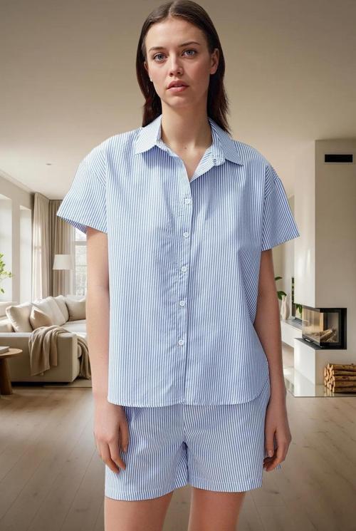 Kadın Rahat Çizgili Pamuklu Poplin Pijama Takımı Şık Görünüm Özel Tasarım Seçkin Malzeme