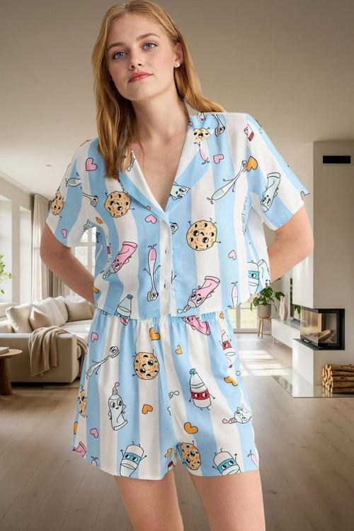 Kadın Yazlık Viskoz Pijama Takımı Şortlu Baskılı Rahat Ev Giyim Seti Konforlu Kesim