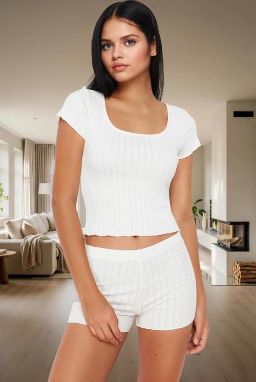 Kadın Çizgili Örme Pijama Takımı Rahat Kalıp Kisa Kol Boru Paça Premium Kalite