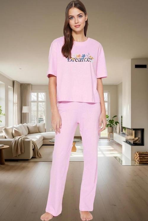 Kadın Pamuklu Rahat Baskılı Pijama Takımı Kısa Kollu Tişört Pantolon Kullanım Ve Şık