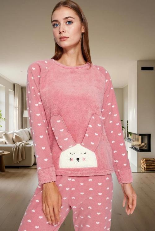 Kadın Kışlık Kalpli Polar Pijama Takımı Rahat Uyku Seti 3lü Profesyonel Görünüm Özel Tasarım