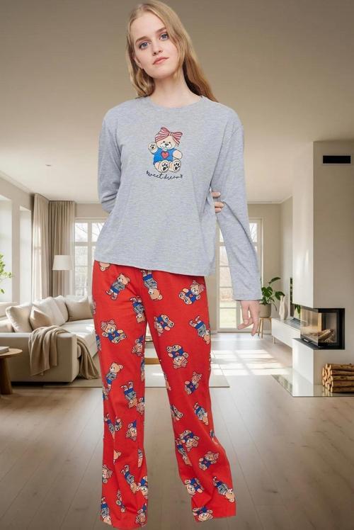 Kadın Melanj Ayıcıklı Pijama Takımı Kışlık Rahat Ev Giyim Seti Şık Görünüm Dayanıklı Malzeme