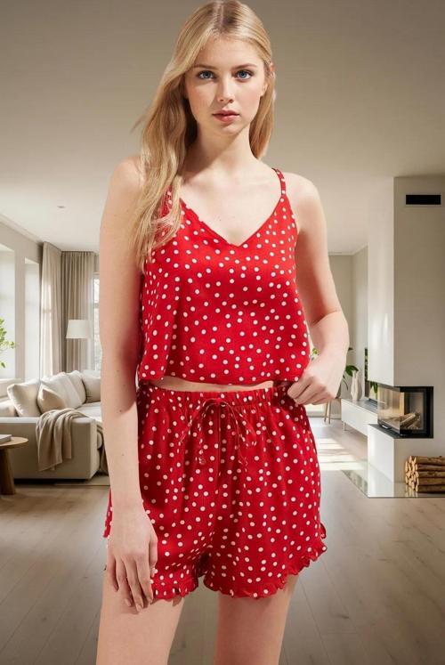Kadın Viskon Pijama Takımı Puantiyeli Desenli İnce Askılı Rahat Yazlık Uzun Ömürlü