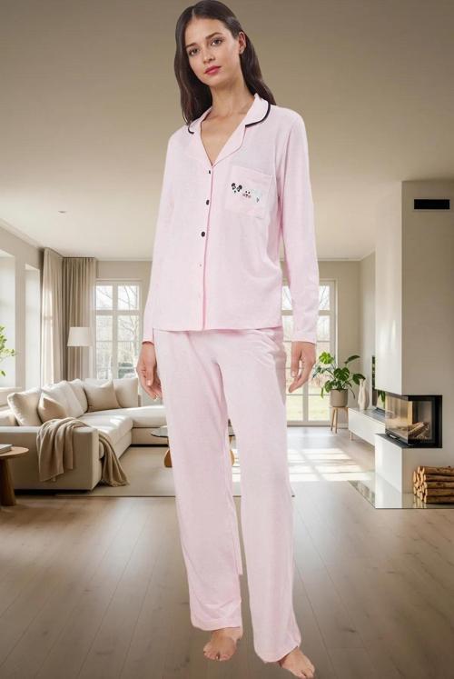 Kadın Pamuklu Örme Pijama Takımı Uzun Kollu Regular Kalıp Boru Paça Ev Giyim Trend Tasarım
