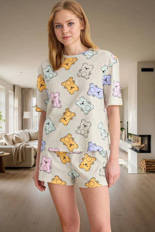 Kadın Ayıcıklı Pamuklu Pijama Takımı Renk Rahat Kalıp Yazlık Trend Tasarım Profesyonel Görünüm