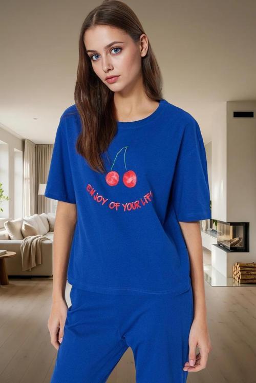 Kadın Pamuklu Rahat Baskılı Pijama Takımı Kısa Kollu Tişört Pantolon Kullanım Ve Şık