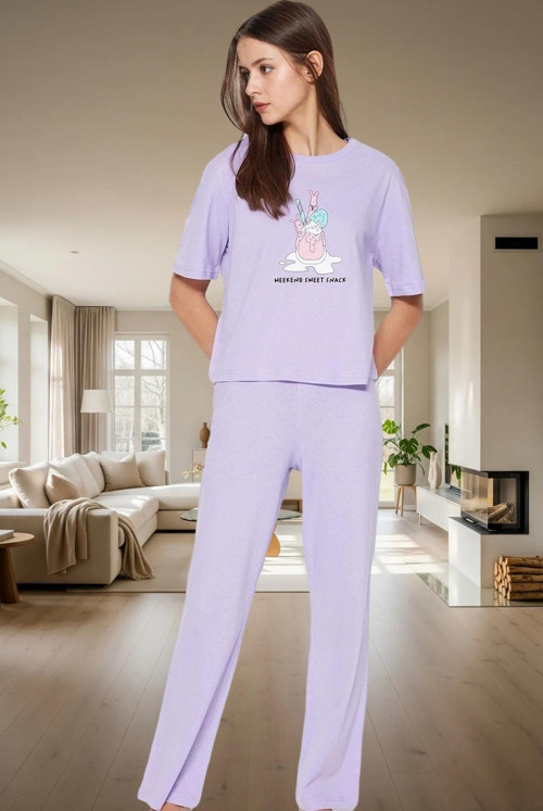 Kadın Pamuklu Rahat Baskılı Pijama Takımı Kısa Kollu Tişört Pantolon Kullanım Ve Şık
