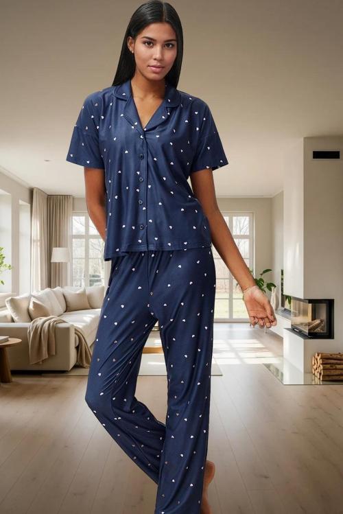 Kadın Kalpli Örme Pijama Takımı Rahat Şık Kısa Kollu Regular Kalıp Premium Kalite Seçkin Malzeme