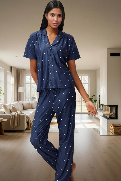 Kadın Kalpli Örme Pijama Takımı Rahat Şık Kısa Kollu Regular Kalıp Premium Kalite Seçkin Malzeme