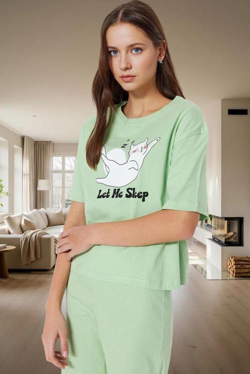 Kadın Pamuklu Rahat Baskılı Pijama Takımı Kısa Kollu Tişört Pantolon Kullanım Ve Şık