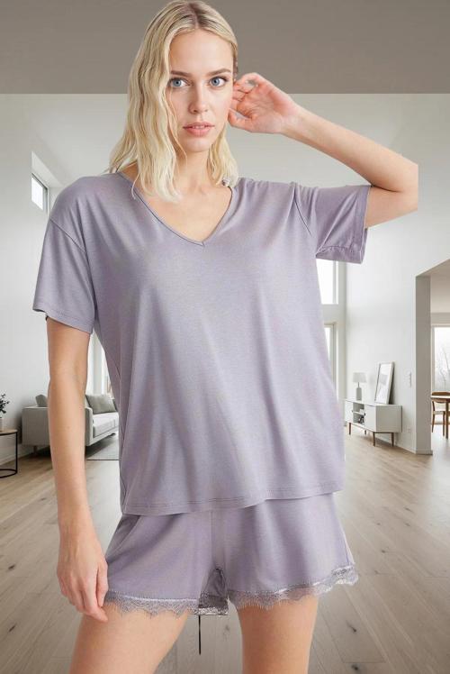 Kadın Viskoz Örme Pijama Takımı V Yaka Kısa Kol Rahat Ev Giyim Premium Kalite