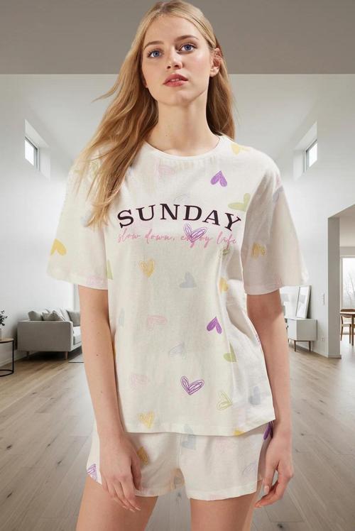 Kadın Rahat Pamuklu Pijama Takımı Kalpli Desenli Yazlık Homewear Kaliteli İşçilik Seçkin Malzeme