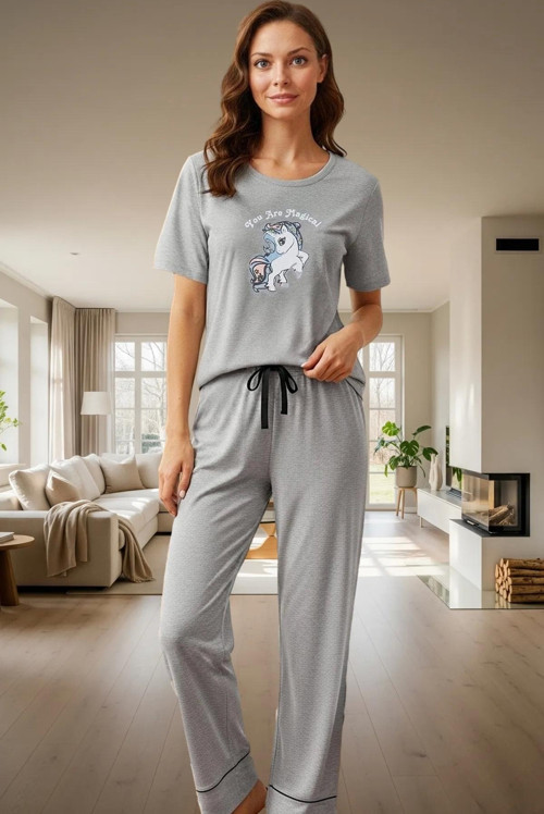Kadın Melanj Pamuklu Pijama Takımı Unicorn Baskılı Rahat Ve Şık Günlük Kullanım İçin