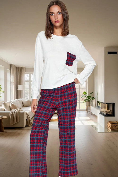Kadın Pamuklu Ekoseli Pijama Takımı Rahat Ev Giyim Seçkin Malzeme Dayanıklı