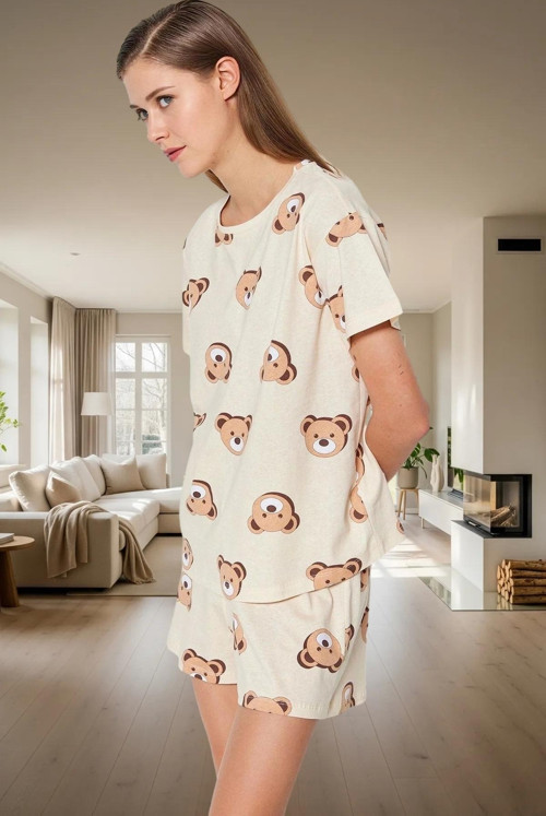 Kadın Ayıcıklı Pamuklu Kısa Kollu Pijama Takımı Dayanıklı Malzeme Trend Tasarım