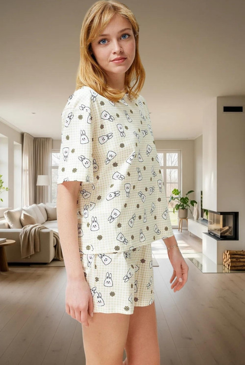 Kadın Pamuklu Tavşan Desenli Rahat Pijama Takımı Yazlık Şortlu Modern Stil Yüksek Kalite Özel Tasarı